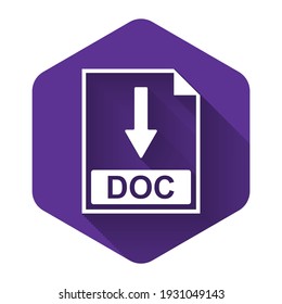 White DOC file document icon. Download DOC button icon isolated with long shadow. Purple hexagon button. Vector Illustration