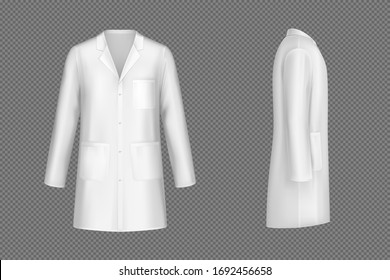 White Doctor Coat, Medical Uniform Isolated On Transparent Background. Vector Realistic Mock Up Of Lab Costume Front And Side View. Clothes For Medicine Profession, Nurse Suit, Physician Robe