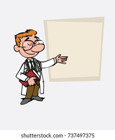 White doctor with glasses points, relaxed, with a book in his hand. Is showing, as in a presentation, the data you want.