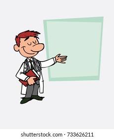 White doctor points, relaxed, with a book in his hand. Is showing, as in a presentation, the data you want.
