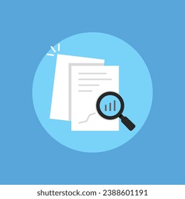 white document auditing like assessment. concept of fax, seo, scrutiny annual evaluation, forecast page, solution, chart, analytics. flat style trend modern logotype graphic design on blue background
