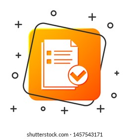 White Document and check mark icon isolated on white background. Checklist icon. Business concept. Orange square button. Vector Illustration
