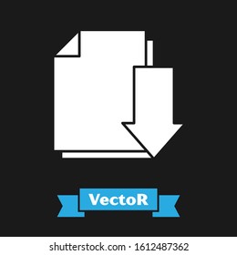 White Document with download icon isolated on black background. File document symbol.  Vector Illustration