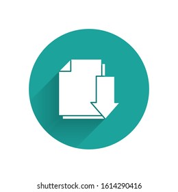 White Document with download icon isolated with long shadow. File document symbol. Green circle button. Vector Illustration