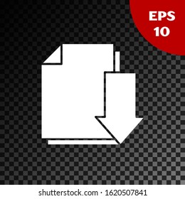 White Document with download icon isolated on transparent dark background. File document symbol.  Vector Illustration