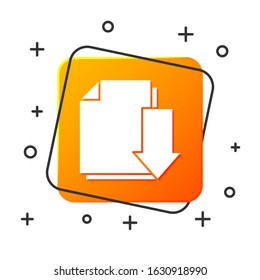 White Document with download icon isolated on white background. File document symbol. Orange square button. Vector Illustration