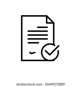 Documento branco com linhas de texto preenchidas e uma marca de seleção dentro de um círculo significa conclusão ou aprovação, renderizado em um estilo de desenho simples de linha preta ideal para infográficos ou Web minimalista.