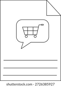 A white document with a folded corner shopping cart in a speech bubble and three lines