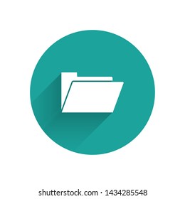 White Document folder icon isolated with long shadow. Accounting binder symbol. Bookkeeping management. Green circle button. Vector Illustration