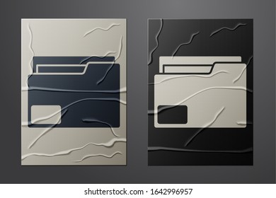 White Document folder icon isolated on crumpled paper background. Accounting binder symbol. Bookkeeping management. Paper art style. Vector Illustration