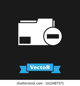 White Document folder with minus icon isolated on black background. Clear document. Remove file document. Delete information file.  Vector Illustration