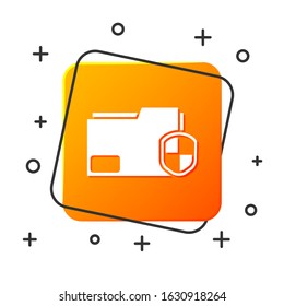 White Document folder protection concept icon isolated on white background. Confidential information and privacy idea, guard, shield. Orange square button. Vector Illustration