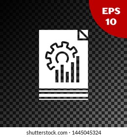 White Document with graph chart icon isolated on transparent dark background. Report text file icon. Accounting sign. Audit, analysis, planning.  Vector Illustration