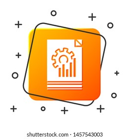 White Document with graph chart icon isolated on white background. Report text file icon. Accounting sign. Audit, analysis, planning. Orange square button. Vector Illustration