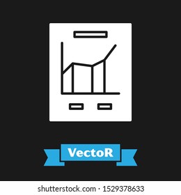 White Document with graph chart icon isolated on black background. Report text file icon. Accounting sign. Audit, analysis, planning.  Vector Illustration