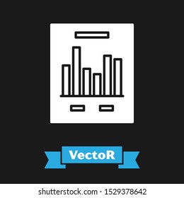 White Document with graph chart icon isolated on black background. Report text file icon. Accounting sign. Audit, analysis, planning.  Vector Illustration