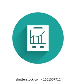 White Document with graph chart icon isolated with long shadow. Report text file icon. Accounting sign. Audit, analysis, planning. Green circle button. Vector Illustration