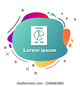 White Document with graph chart icon isolated on white background. Report text file icon. Accounting sign. Audit, analysis, planning. Abstract banner with liquid shapes. Vector Illustration