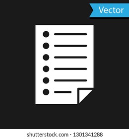 White Document icon isolated on black background. File icon. Checklist icon. Business concept. Vector Illustration
