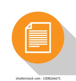 White Document icon isolated on white background. File icon. Checklist icon. Business concept. Orange circle button. Flat design. Vector Illustration