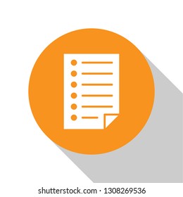 White Document icon isolated on white background. File icon. Checklist icon. Business concept. Orange circle button. Flat design. Vector Illustration