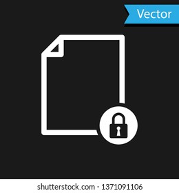 White Document and lock icon isolated on black background. File format and padlock. Security, safety, protection concept. Vector Illustration