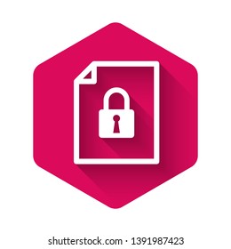 White Document and lock icon isolated with long shadow. File format and padlock. Security, safety, protection concept. Pink hexagon button. Vector Illustration