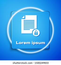 White Document and lock icon isolated on blue background. File format and padlock. Security, safety, protection concept. Blue square button. Vector Illustration
