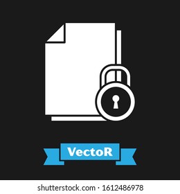 White Document and lock icon isolated on black background. File format and padlock. Security, safety, protection concept.  Vector Illustration