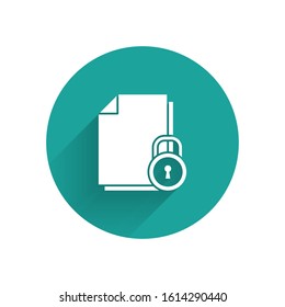 White Document and lock icon isolated with long shadow. File format and padlock. Security, safety, protection concept. Green circle button. Vector Illustration