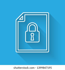 White Document and lock line icon isolated with long shadow. File format and padlock. Security, safety, protection concept. Vector Illustration