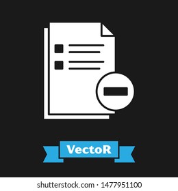 White Document with minus icon isolated on black background. Clear document. Remove file document. Delete information file.  Vector Illustration