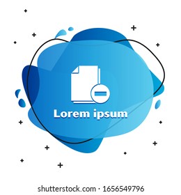 White Document with minus icon isolated on white background. Clear document. Remove file document. Delete information file. Abstract banner with liquid shapes. Vector Illustration