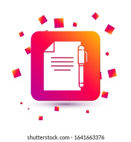 White Document and pen icon isolated on white background. File icon. Checklist icon. Business concept. Square color button. Vector Illustration