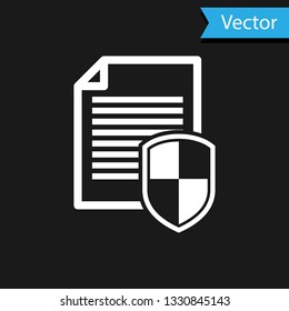 White Document protection concept icon on black background. Confidential information and privacy idea, secure data with paper doc roll and guard shield. Vector Illustration