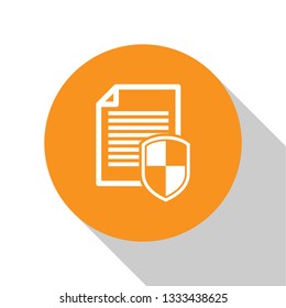 White Document protection concept icon on white background. Confidential information and privacy idea, secure data with paper doc roll and guard shield. Orange circle button. Vector Illustration