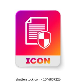 White Document protection concept icon on white background. Confidential information and privacy idea, secure data with paper doc roll and guard shield. Rectangle color button. Vector Illustration