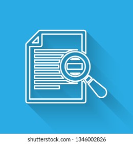 White Document with search icon isolated with long shadow. File and magnifying glass icon. Analytics research sign. Vector Illustration