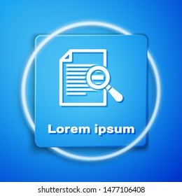 White Document with search icon isolated on blue background. File and magnifying glass icon. Analytics research sign. Blue square button. Vector Illustration