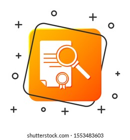 White Document with search icon isolated on white background. File and magnifying glass icon. Analytics research sign. Orange square button. Vector Illustration