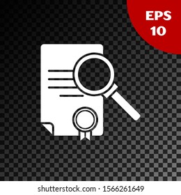White Document with search icon isolated on transparent dark background. File and magnifying glass icon. Analytics research sign.  Vector Illustration
