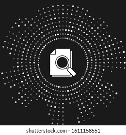 White Document with search icon isolated on grey background. File and magnifying glass icon. Analytics research sign. Abstract circle random dots. Vector Illustration