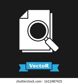 White Document with search icon isolated on black background. File and magnifying glass icon. Analytics research sign.  Vector Illustration