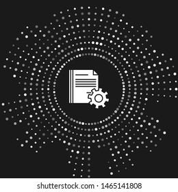 White Document settings with gears icon isolated on grey background. Software update, transfer protocol, teamwork tool management. Abstract circle random dots. Vector Illustration