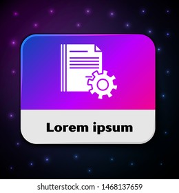 White Document settings with gears icon isolated on black background. Software update, transfer protocol, teamwork tool management. Rectangle color button. Vector Illustration