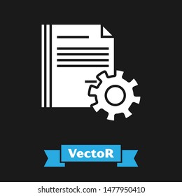 White Document settings with gears icon isolated on black background. Software update, transfer protocol, teamwork tool management.  Vector Illustration