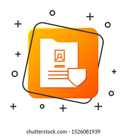 White Document with shield icon isolated on white background. Insurance concept. Security, safety, protection, protect concept. Orange square button. Vector Illustration