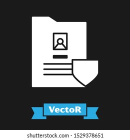 White Document with shield icon isolated on black background. Insurance concept. Security, safety, protection, protect concept.  Vector Illustration