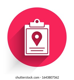 White Document tracking marker system icon isolated with long shadow. Parcel tracking. Red circle button. Vector Illustration