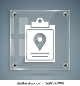 White Document tracking marker system icon isolated on grey background. Parcel tracking. Square glass panels. Vector Illustration